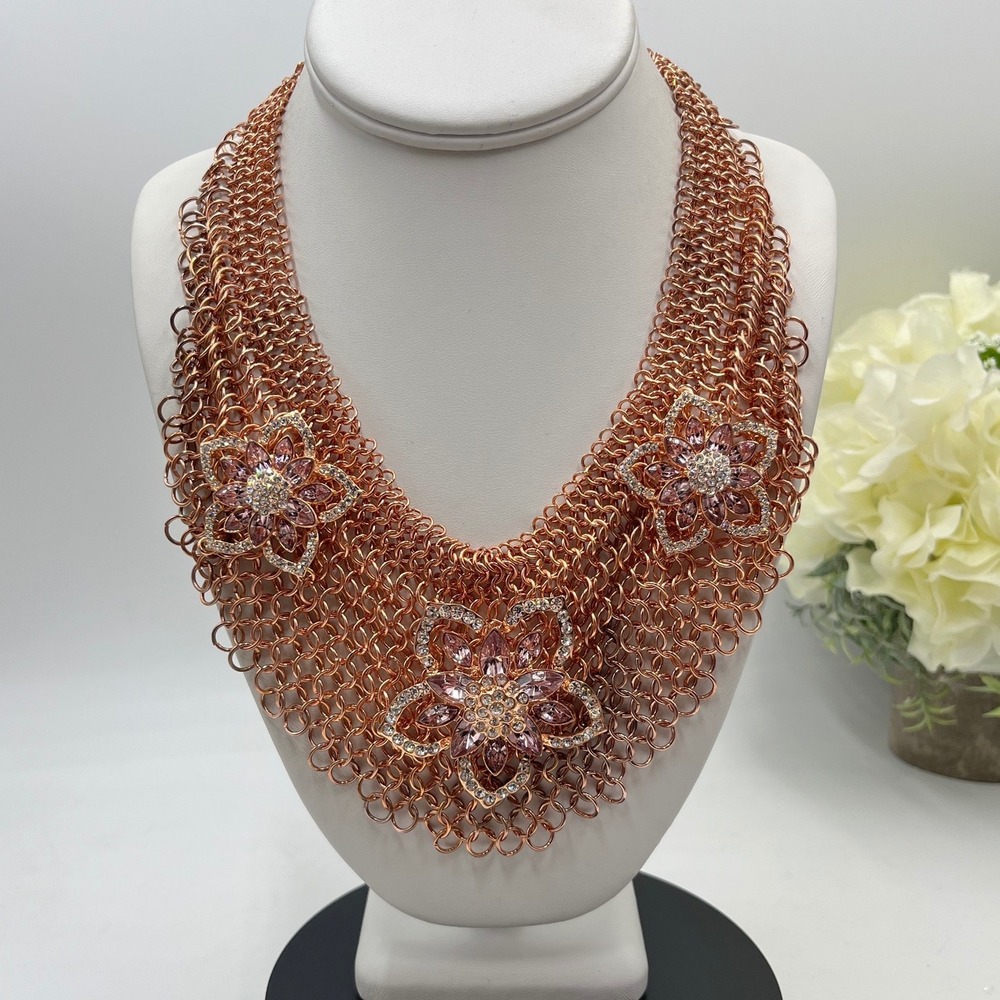 Joan Boyce JB Vintage Rose Tone Crystal Rhinestone Chainmail Floral Bib Necklace